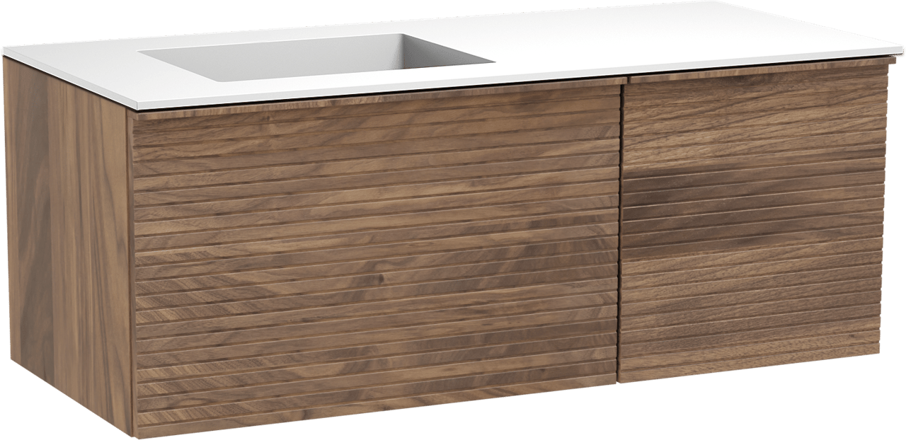 Balmani Forma hängendes Möbelstück Set: 120 x 55 cm, Amerikanischer Nussbaum, mit Tablo Stretto Waschtisch links, Solid Surface, Weiß matt, Horizontale symmetrische gerade Rippe