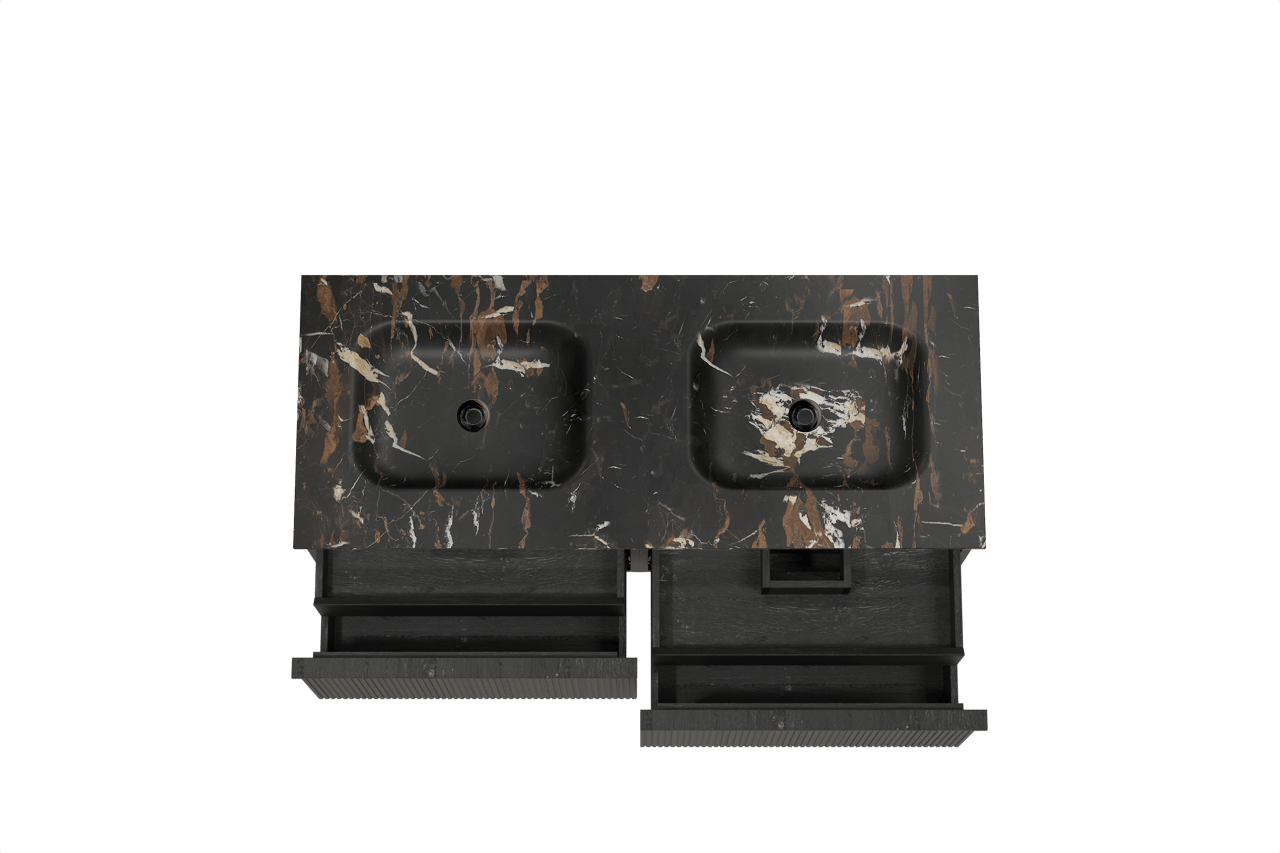 Balmani Forma zwevend badkamermeubel 135 x 55 cm zwarte eik met Tablo Arcato dubbele wastafel in marmer portoro gold, Verticale symmetrische rechte ribbel