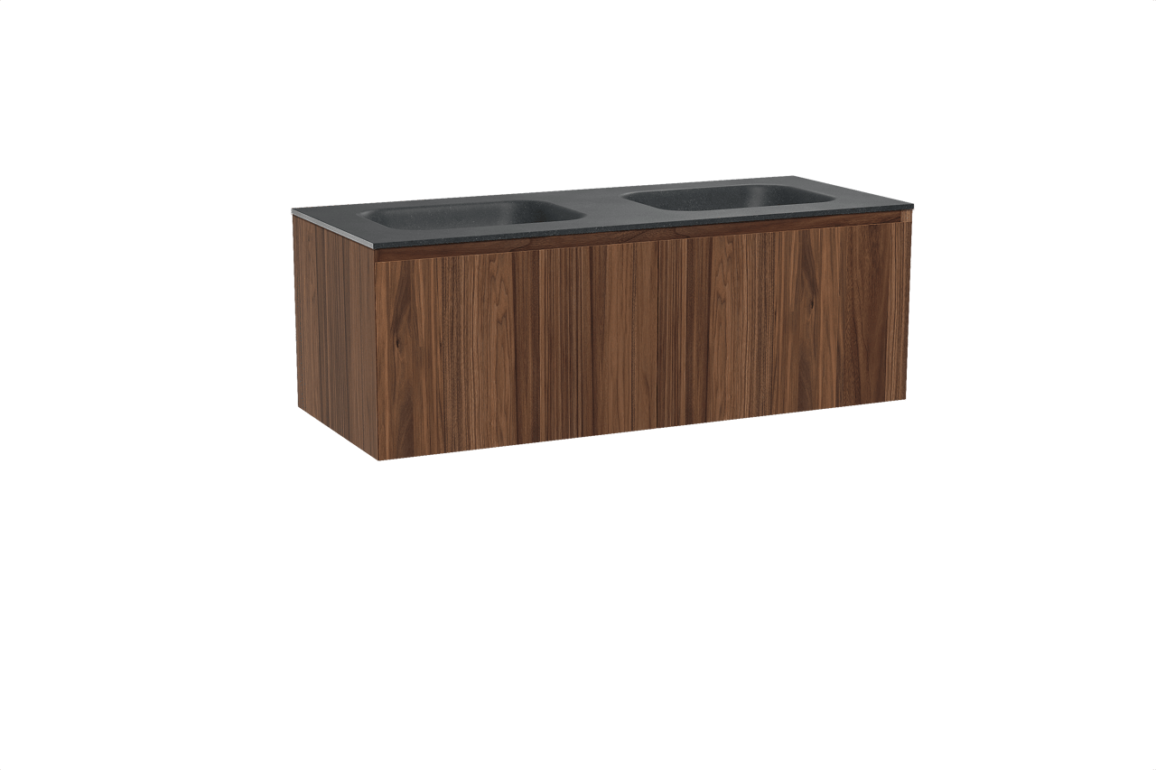 Balmani Idra hängendes Möbelstück Set: 135 x 55 cm, Nussbaum, mit Tablo Arcato Doppelwaschtisch, Schwarzes Granit