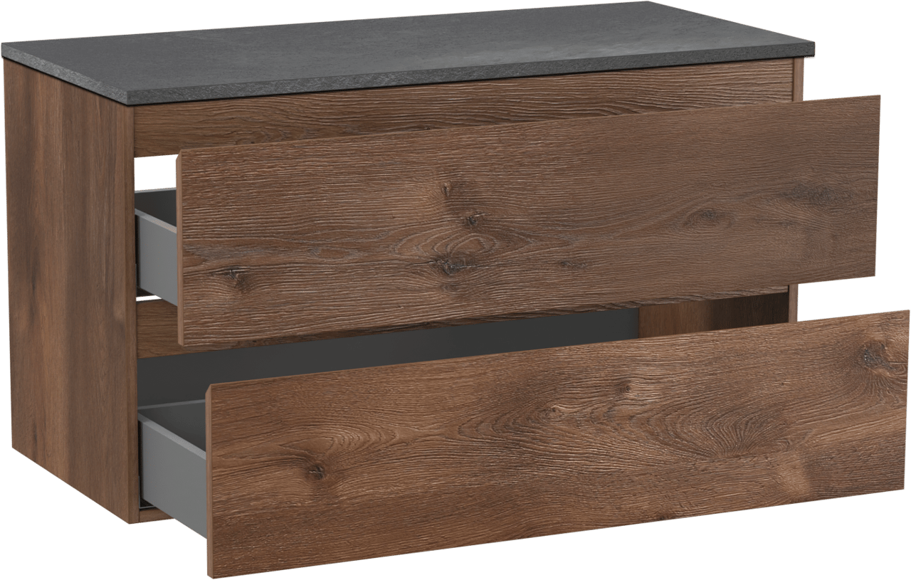 Linie Lado hängendes Möbelstück Set: 100 x 46 cm, Braune Eiche, mit Lado Einzel- oder Doppel Waschtischplatte, Melamin Schiefergrau