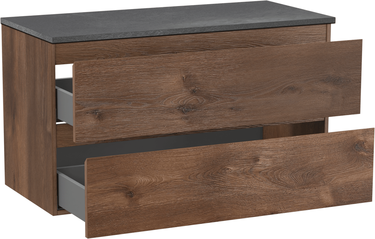 Linie Lado zwevend badkamermeubel 100 x 46 cm bruine eik met Lado enkel of dubbel tablet in melamine leisteen grijs