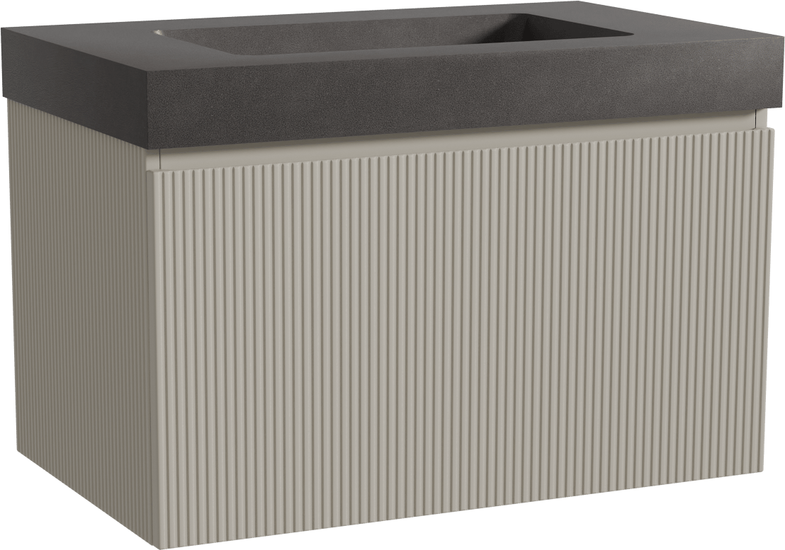 Storke Ribs hängendes Möbelstück Set: 85 x 52 cm, Seidengrau, mit Scuro High Einzelwaschtisch, Quarz, Schwarz matt, Vertikale symmetrische gerade Rippe