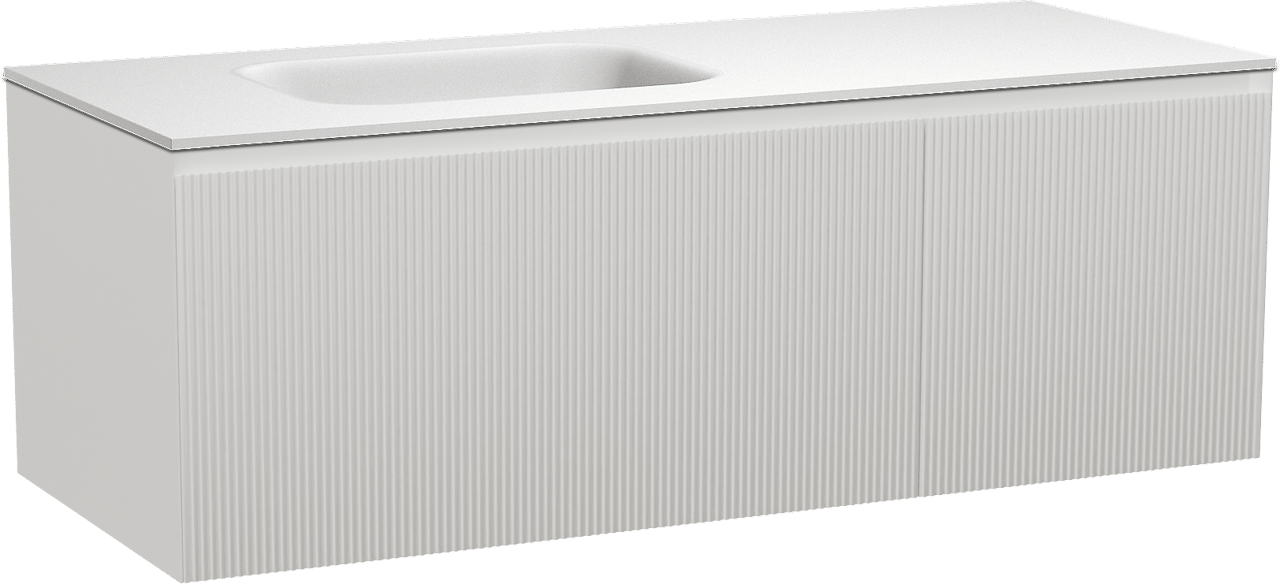 Balmani Fila hängendes Möbelstück Set: 135 x 55 cm, Weiß matt, mit Tablo Arcato Waschtisch links, Solid Surface, Weiß matt, Vertikale symmetrische gerade Rippe
