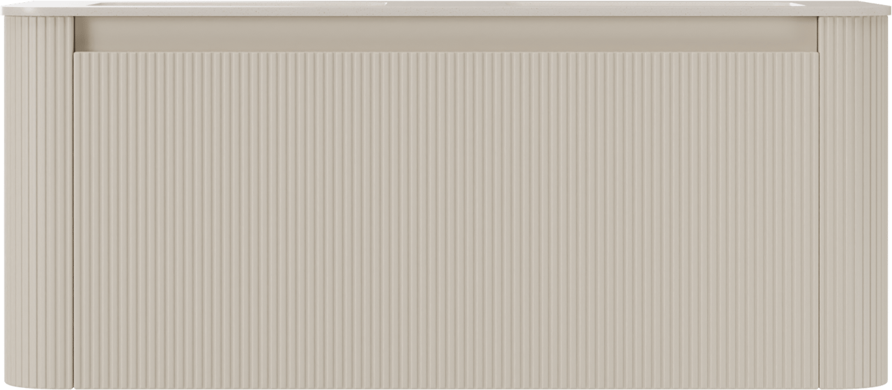 Storke Soft hängendes Möbelstück Set: 120 x 46 cm, Sand Matt, mit Mata Soft Doppelwaschtischplatte Solid Surface Beige Granit, Vertikale symmetrische gerade Rippe