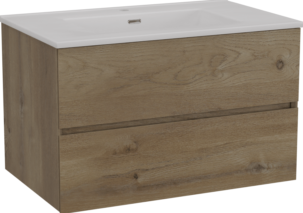 Storke Edge zwevend badkamermeubel 85 x 52 cm ruwe eik met Kera enkele wastafel in porselein mat wit