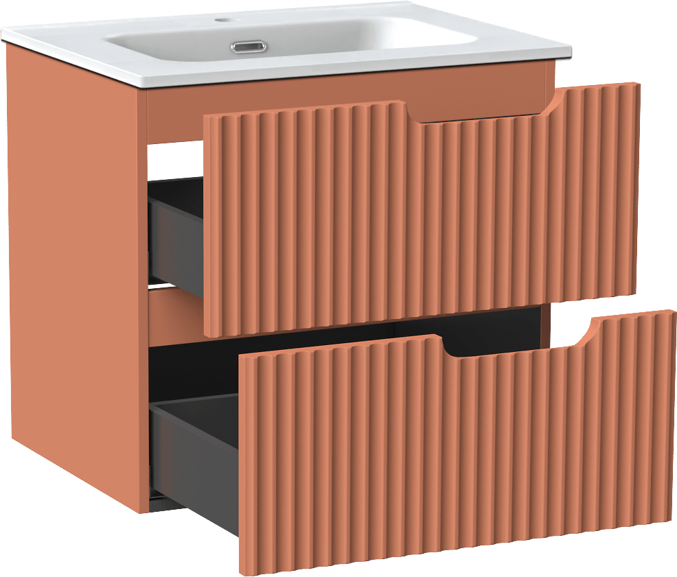 Linie Ribbo meuble salle de bains suspendu 60 x 46 cm cotto avec Baro plan simple en porcelaine blanc mat, Nervure circulaire symétrique verticale