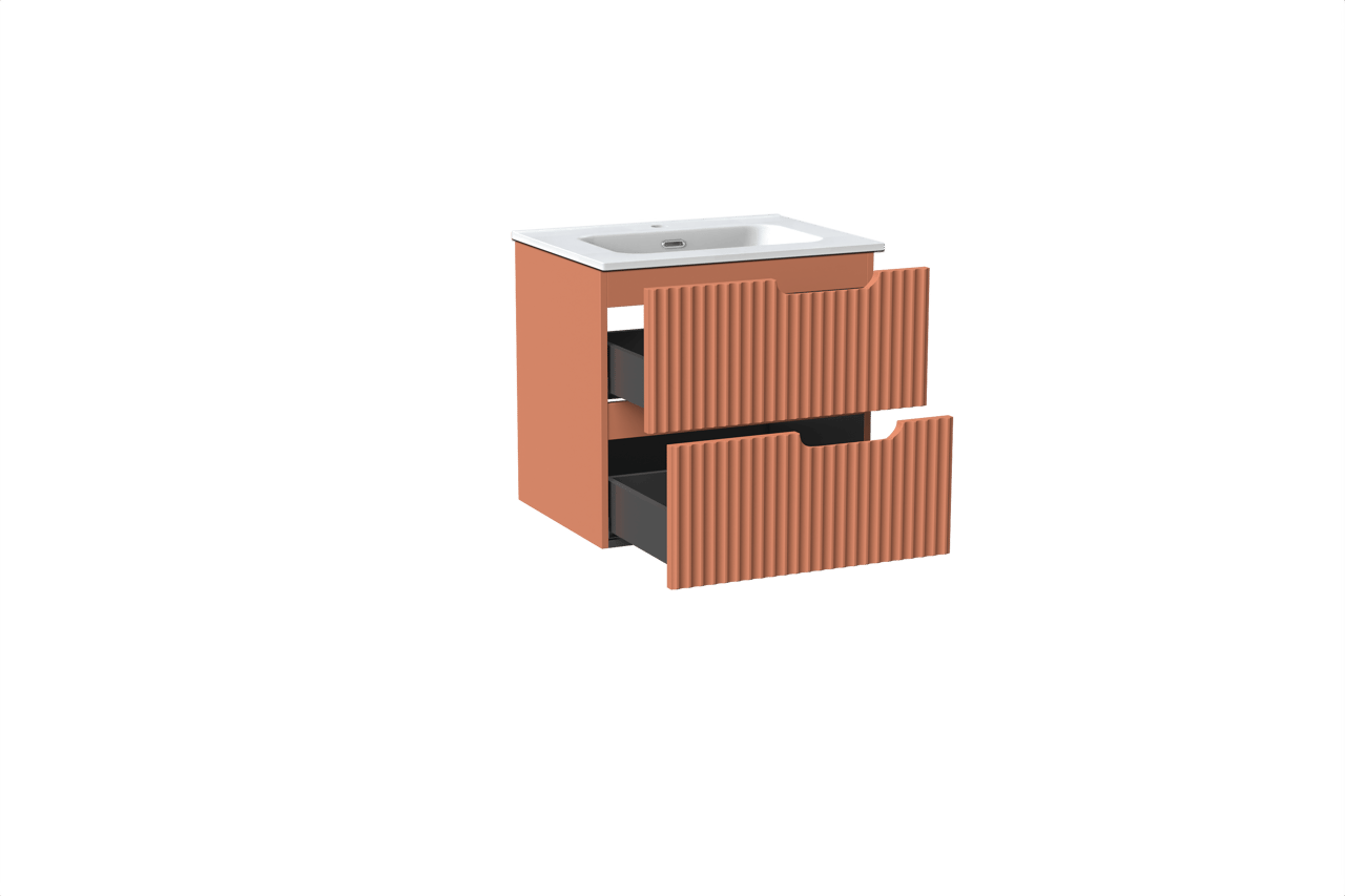 Linie Ribbo hängendes Möbelstück Set: 60 x 46 cm, Cotto, mit Baro Einzelwaschtisch, Porzellan, Weiß matt, Vertikale symmetrische runde Rippe