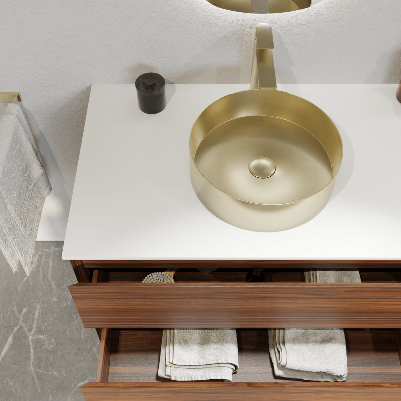 Balmani Mitra meuble salle de bains suspendu 90 x 55 cm noyer avec Stretto tablette simple en solid surface blanc mat