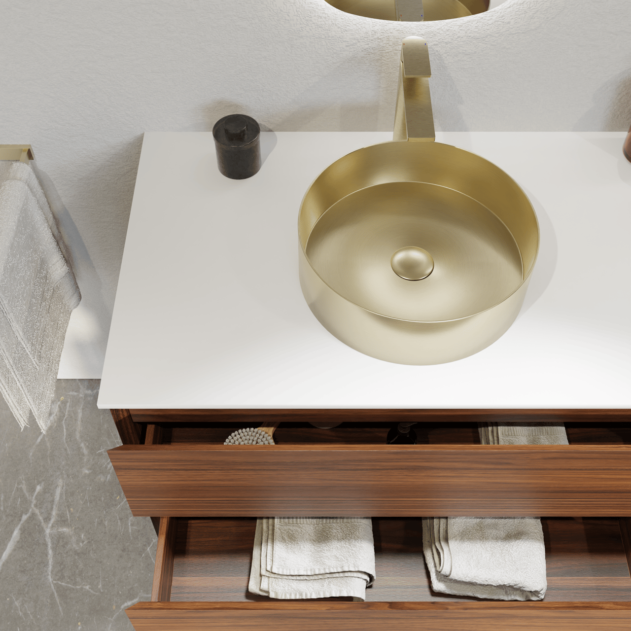 Balmani Mitra meuble salle de bains suspendu 135 x 55 cm noyer avec Stretto tablette simple ou double en solid surface blanc mat