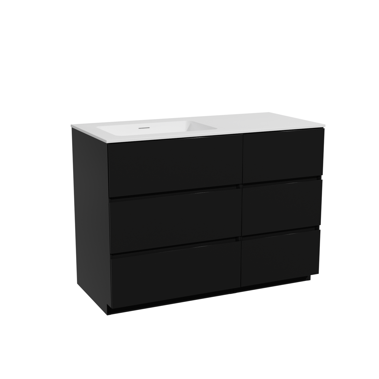 Storke Edge freistehendes Möbelstück Set: 110 x 52 cm, Schwarz matt, mit Mata Waschtisch links, Solid Surface Weiß matt