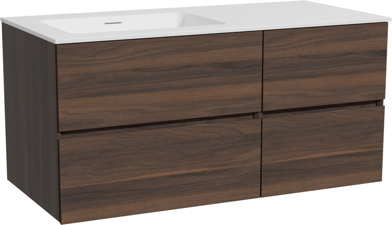 Storke Edge hängendes Möbelstück Set: 110 x 52 cm, Nussbaum, mit Mata Waschtisch links, Solid Surface Weiß matt