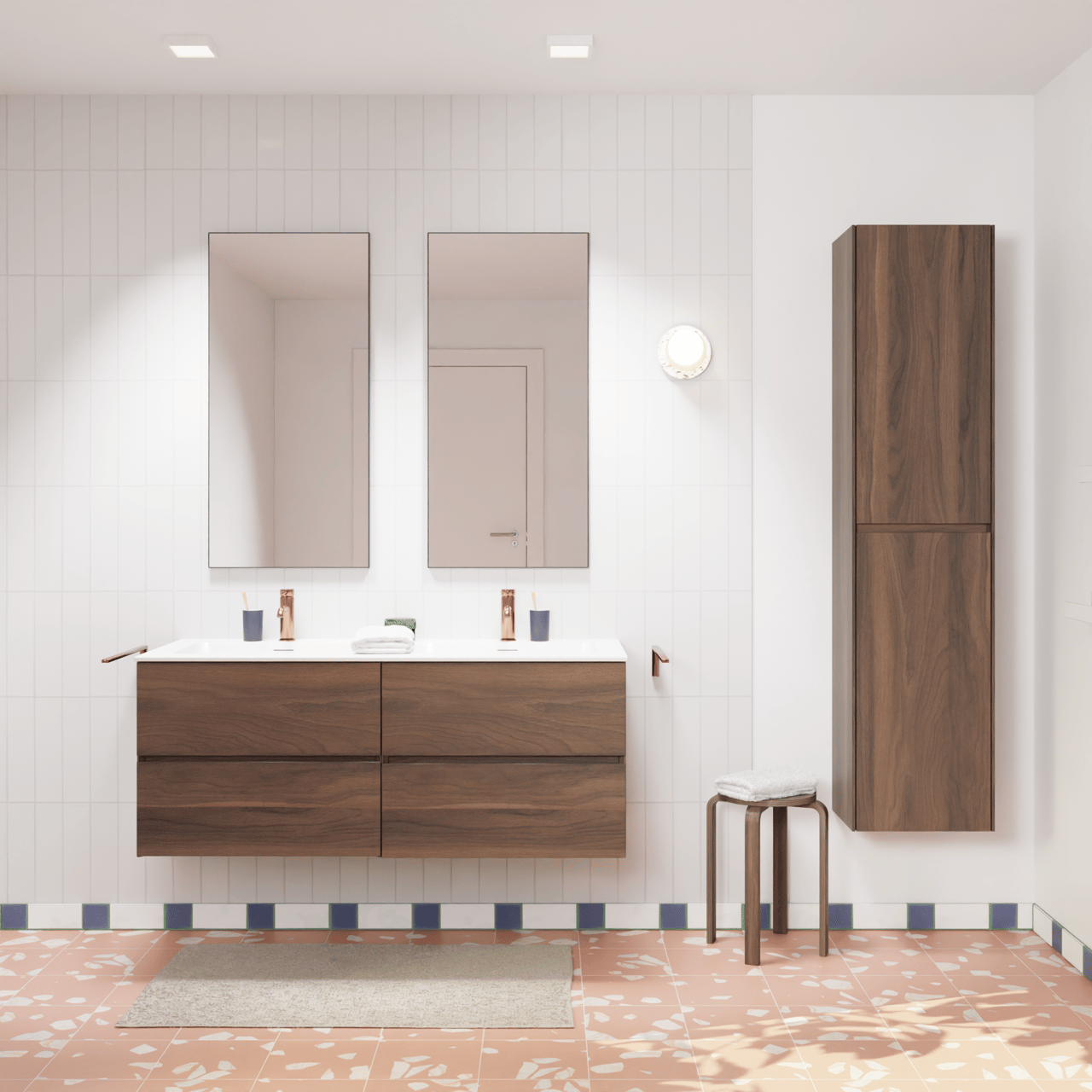 Storke Edge meuble salle de bains suspendu 130 x 52 cm noyer avec Mata double vasque en solid surface blanc mat