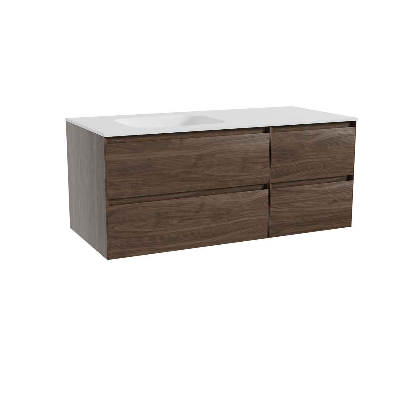 Balmani Mitra hängendes Möbelstück Set: 120 x 55 cm, Amerikanischer Nussbaum, mit Tablo Arcato Waschtisch links, Solid Surface Weiß matt