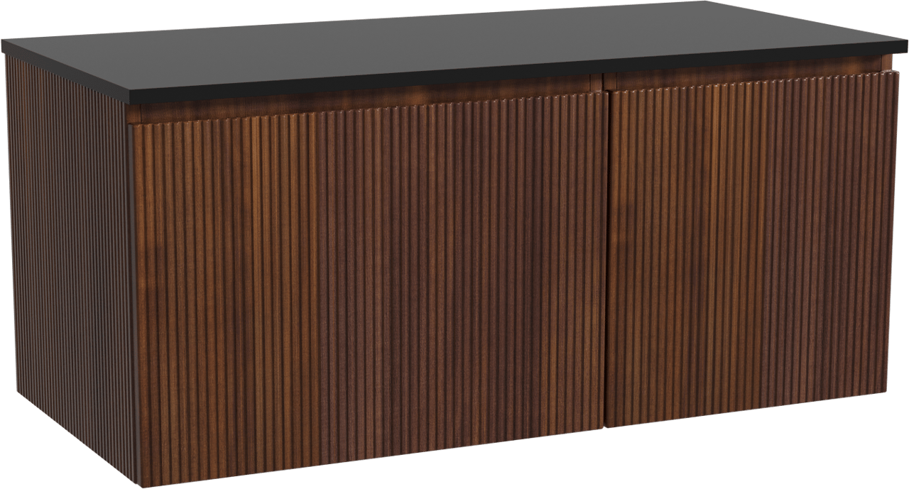 Storke Ribs zwevend badmeubel 110 x 52 cm notenhout met Panton enkel wastafelblad in gepoedercoate mdf mat zwart, Verticale symmetrische rechte ribbel