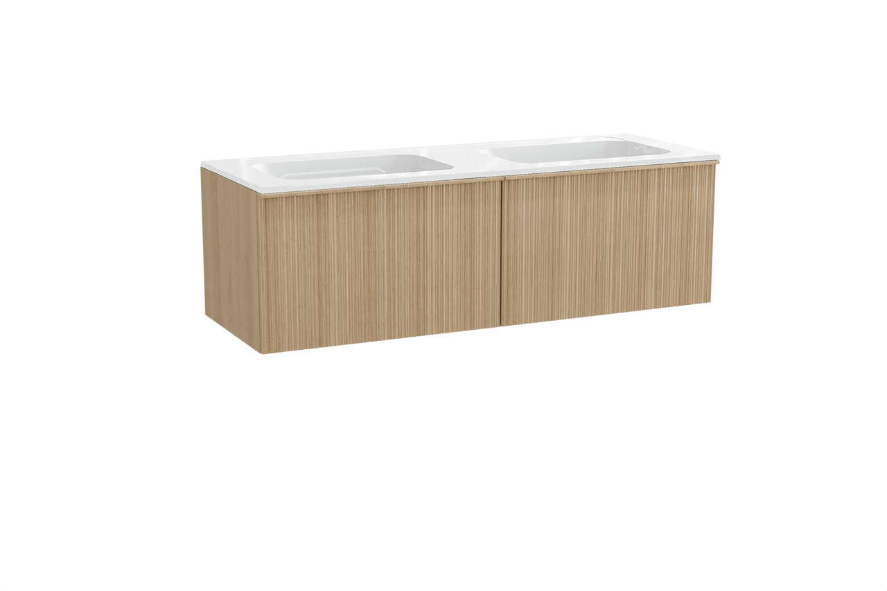 Balmani Forma meuble salle de bains suspendu 150 x 55 cm chêne naturel avec Tablo Strada double vasque en marbre composite blanc brillant, Nervure circulaire asymétrique verticale