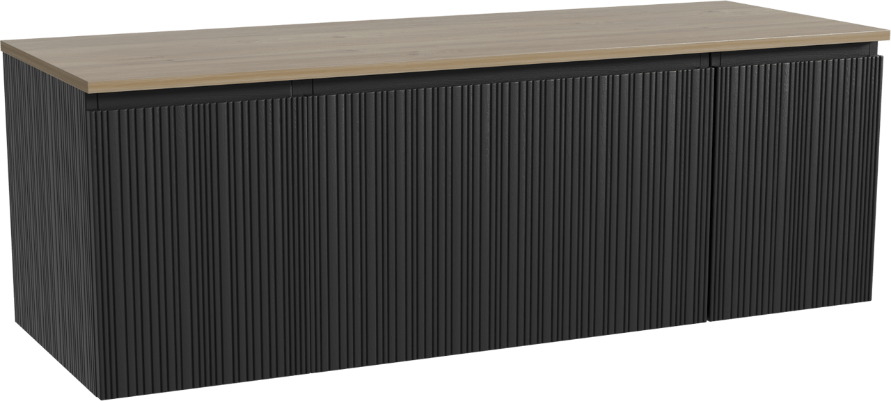Storke Ribs zwevend badmeubel 145 x 52 cm zwart eiken met Panton enkel of dubbel wastafelblad in melamine ruw eiken, Verticale asymmetrische rechte ribbel