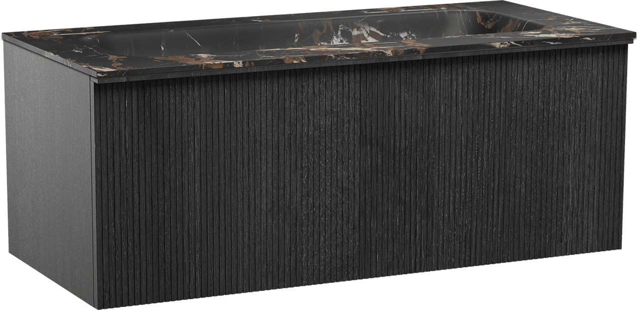 Balmani Forma zwevend badkamermeubel 120 x 55 cm zwarte eik met Tablo Arcato enkele wastafel voor 2 kraangaten in marmer portoro gold, Verticale symmetrische rechte ribbel