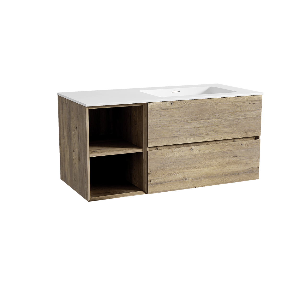 Storke Edge zwevend badmeubel 110 x 52 cm ruw eiken met Mata asymmetrisch rechtse wastafel in solid surface mat wit