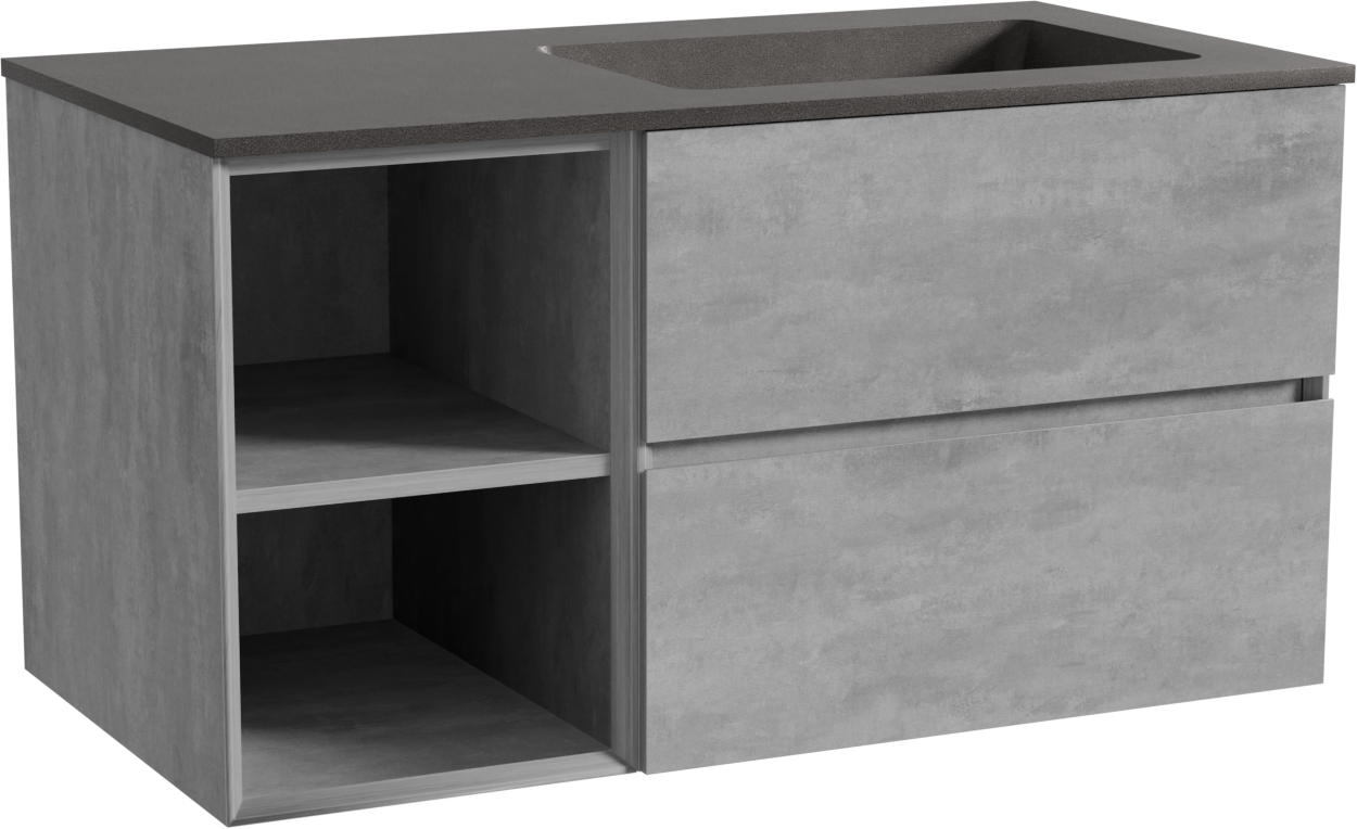 Storke Edge zwevend badmeubel 100 x 52 cm beton donkergrijs met Scuro asymmetrisch rechtse wastafel in kwarts mat zwart