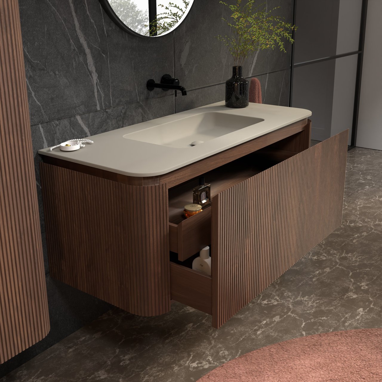 Balmani Moon meuble salle de bains suspendu 130 x 55 cm noyer américain avec Moon plan simple en top solid soie grise, Nervure droite symétrique verticale