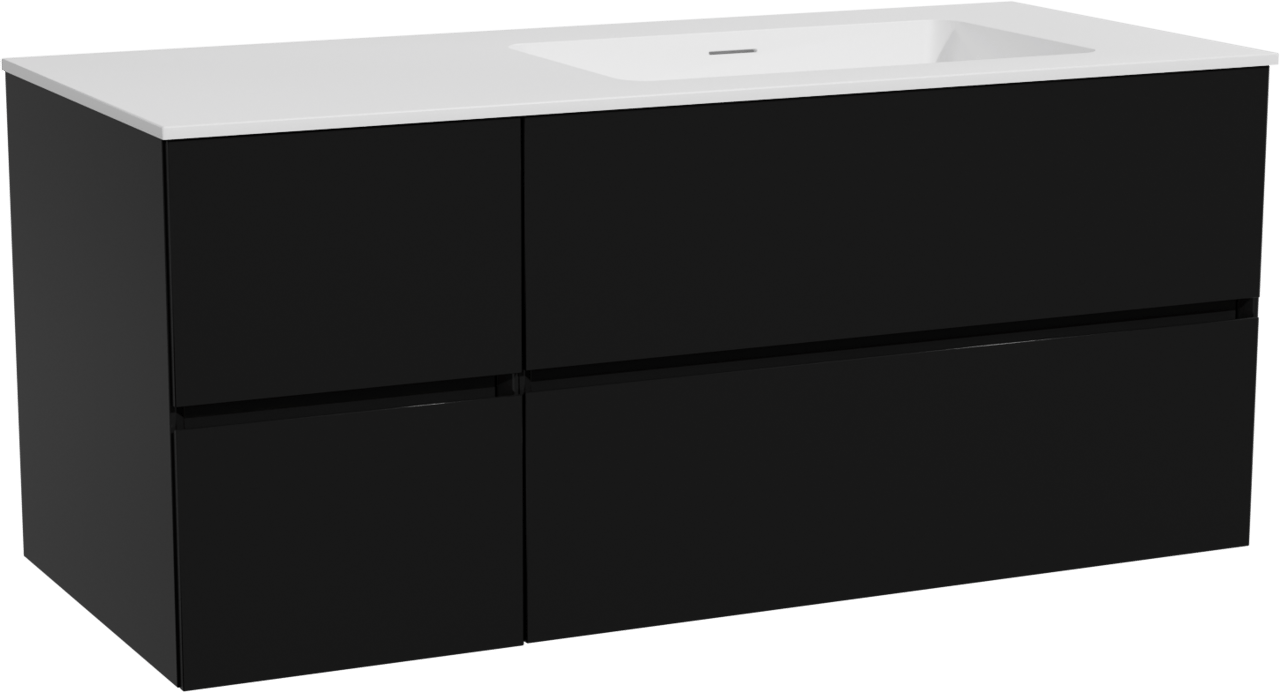 Storke Edge meuble salle de bains suspendu 120 x 52 cm noir mat avec Mata plan vasque asymétrique à droite en solid surface blanc mat