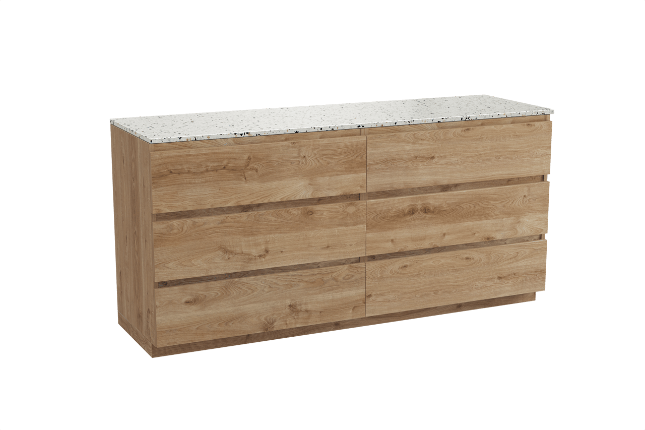 Balmani Lucida meuble salle de bains à poser 180 x 55 cm chêne brut avec Stretto tablette simple ou double en blanc/noir mat terrazzo