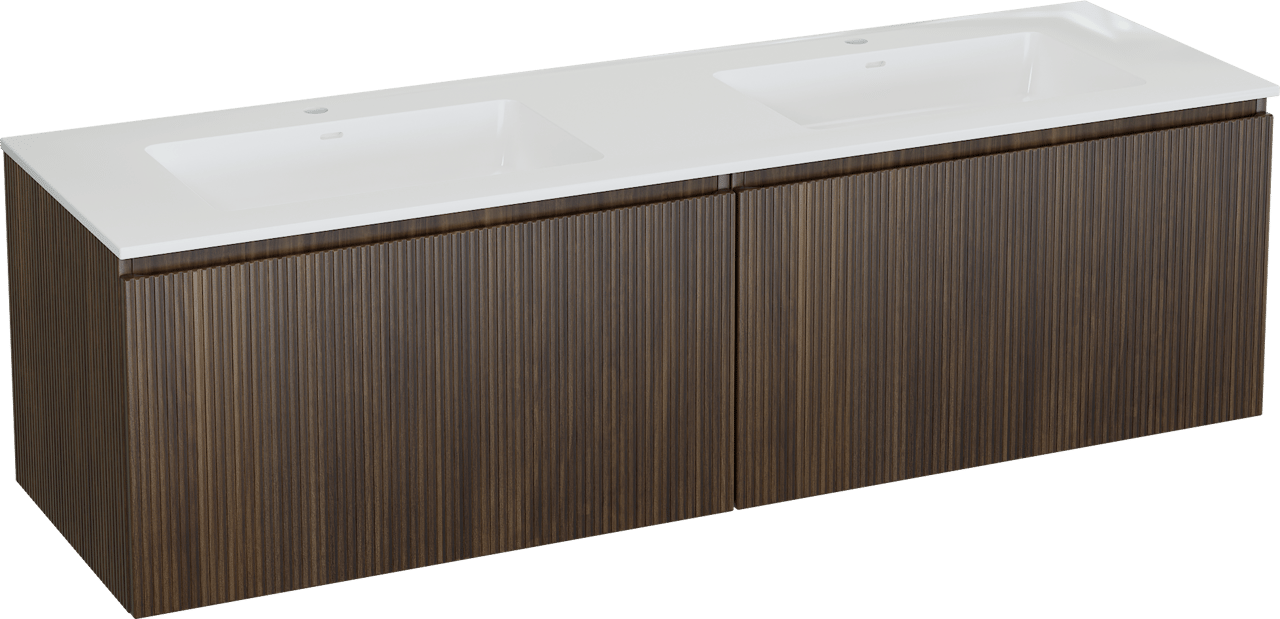 Storke Ribs meuble salle de bains suspendu 170 x 52 cm noyer avec Bilia double vasque en marbre composite blanc brillant, Nervure droite symétrique verticale