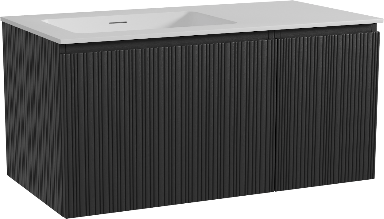 Storke Ribs zwevend badkamermeubel 100 x 52 cm zwarte eik met Mata asymmetrisch linkse wastafel in solid surface mat wit, Verticale asymmetrische rechte ribbel