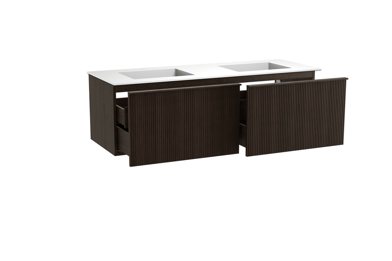 Balmani Forma zwevend badkamermeubel 150 x 55 cm gerookte eik met Tablo Stretto dubbele wastafel in solid surface mat wit, Verticale symmetrische rechte ribbel