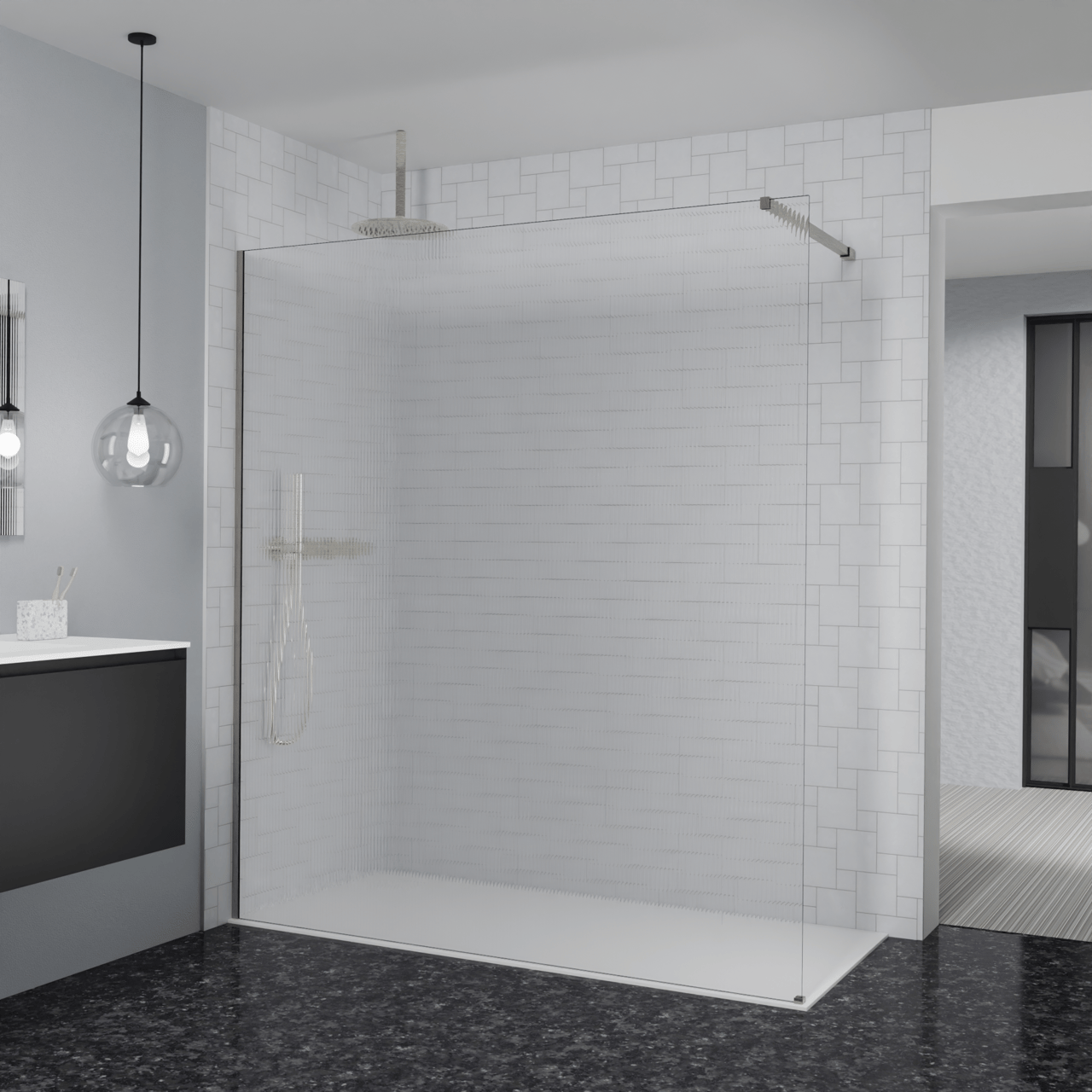 Balmani Modular Walk-In Dusche: 180 x 200 cm, Ribs, inklusive Coating, Profil Brushed CoolMetal
