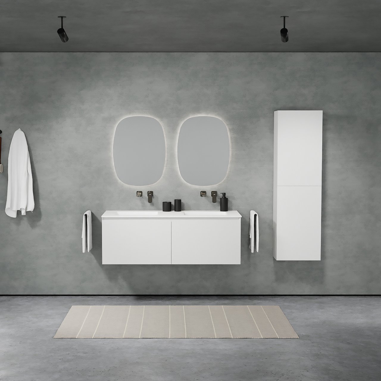 Balmani Idra meuble salle de bains suspendu 135 x 55 cm blanc mat avec Tablo Arcato double vasque en solid surface blanc mat