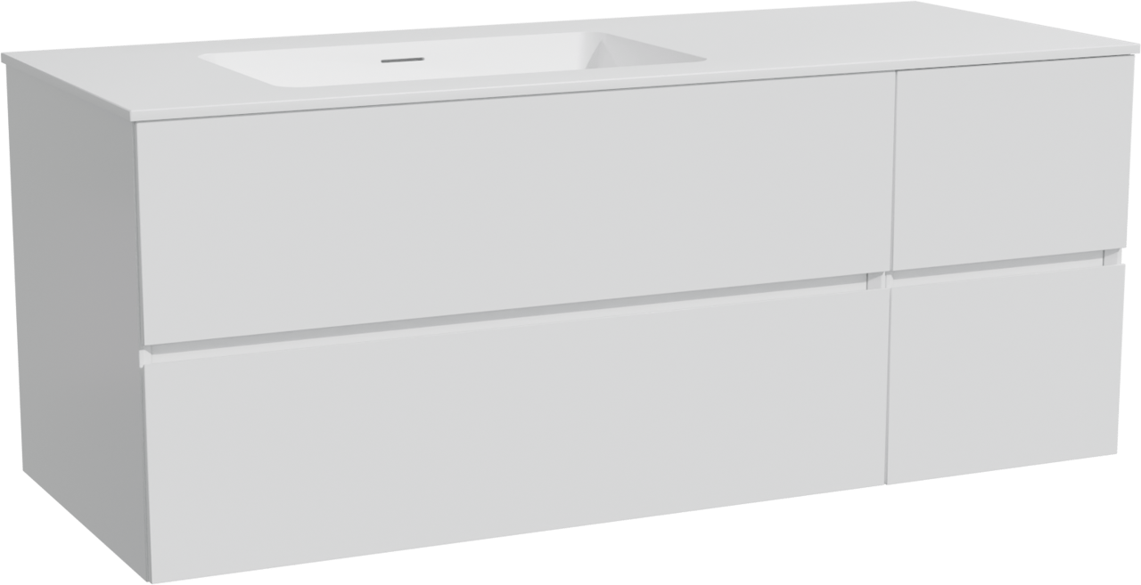 Storke Edge meuble salle de bains suspendu 130 x 52 cm blanc brillant avec Mata plan vasque asymétrique à gauche en solid surface blanc mat