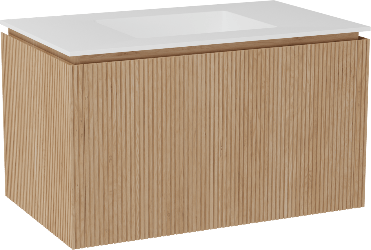 Balmani Eclips hängendes Möbelstück Set: 90 x 55 cm, Eiche Natur, mit Tablo Stretto Einzelwaschtisch Solid Surface Weiβ matt, Vertikale symmetrische gerade Rippe