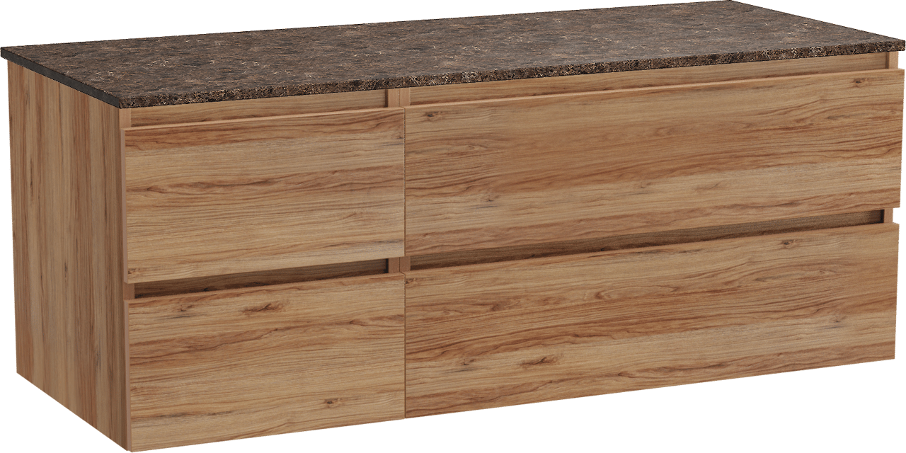Balmani Lucida hängendes Möbelstück Set: 135 x 55 cm, Teak, mit Stretto Einzel- oder Doppel Waschtischplatte, Marmor Dark Emperador