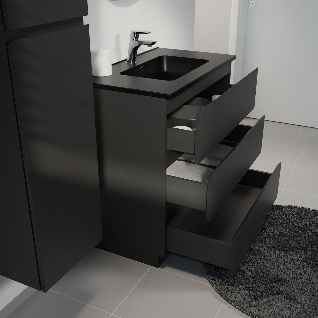 Linie Lado freistehendes Möbelstück Set: 80 x 46 cm, Schwarz matt, mit Vano Einzelwaschtisch, Marmorkomposit Schwarz matt