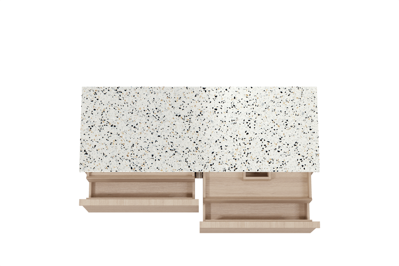 Balmani Forma hängendes Möbelstück Set: 150 x 55 cm, Naturbelassene Eiche, mit Stretto Einzel- oder Doppel Waschtischplatte, Terrazzo in Weiß/Schwarz matt, Horizontale symmetrische gerade Rippe