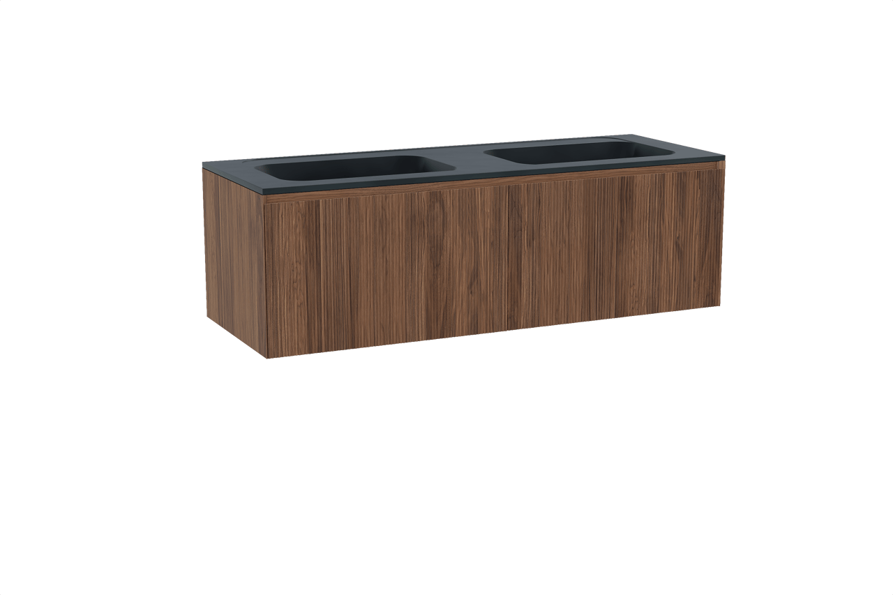 Balmani Fila meuble salle de bains suspendu 150 x 55 cm noyer avec Tablo Strada double vasque en marbre composite noir mat, Nervure droite symétrique verticale