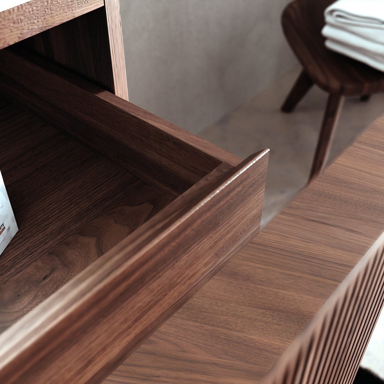 Balmani Forma zwevend badmeubel 120 x 55 cm amerikaans notenhout met Tablo Arcato enkele wastafel voor 2 kraangaten in marmer portoro gold, Verticale symmetrische rechte ribbel