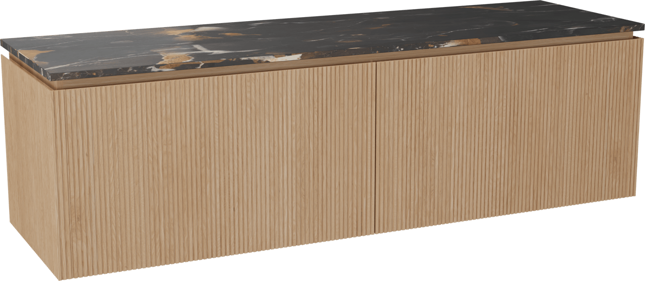 Balmani Eclips meuble salle de bains suspendu 180 x 55 cm Chêne naturelle avec Stretto tablette simple ou double vasque en Portoro Gold marbre, Nervure droite symétrique verticale