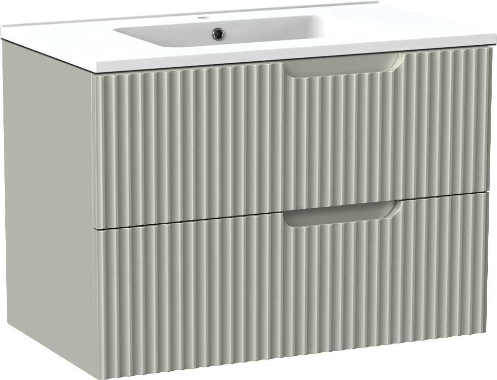 Linie Ribbo zwevend badkamermeubel 80 x 46 cm greige met Vano enkele wastafel in composietmarmer mat wit, Verticale symmetrische ronde ribbel