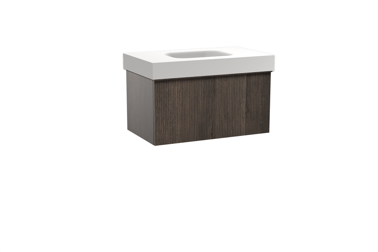 Balmani Forma hängendes Möbelstück Set: 90 x 55 cm, Geräucherte Eiche, mit Arcato Einzelwaschtisch, Solid Surface, Weiß matt, Vertikale symmetrische gerade Rippe