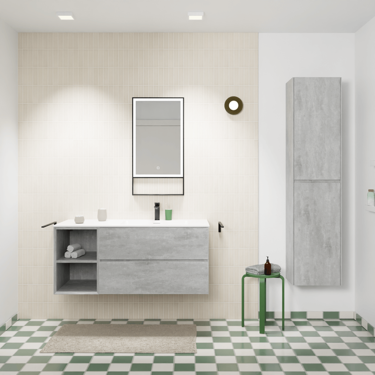 Storke Edge zwevend badmeubel 120 x 52 cm beton donkergrijs met Mata asymmetrisch rechtse wastafel in solid surface mat wit