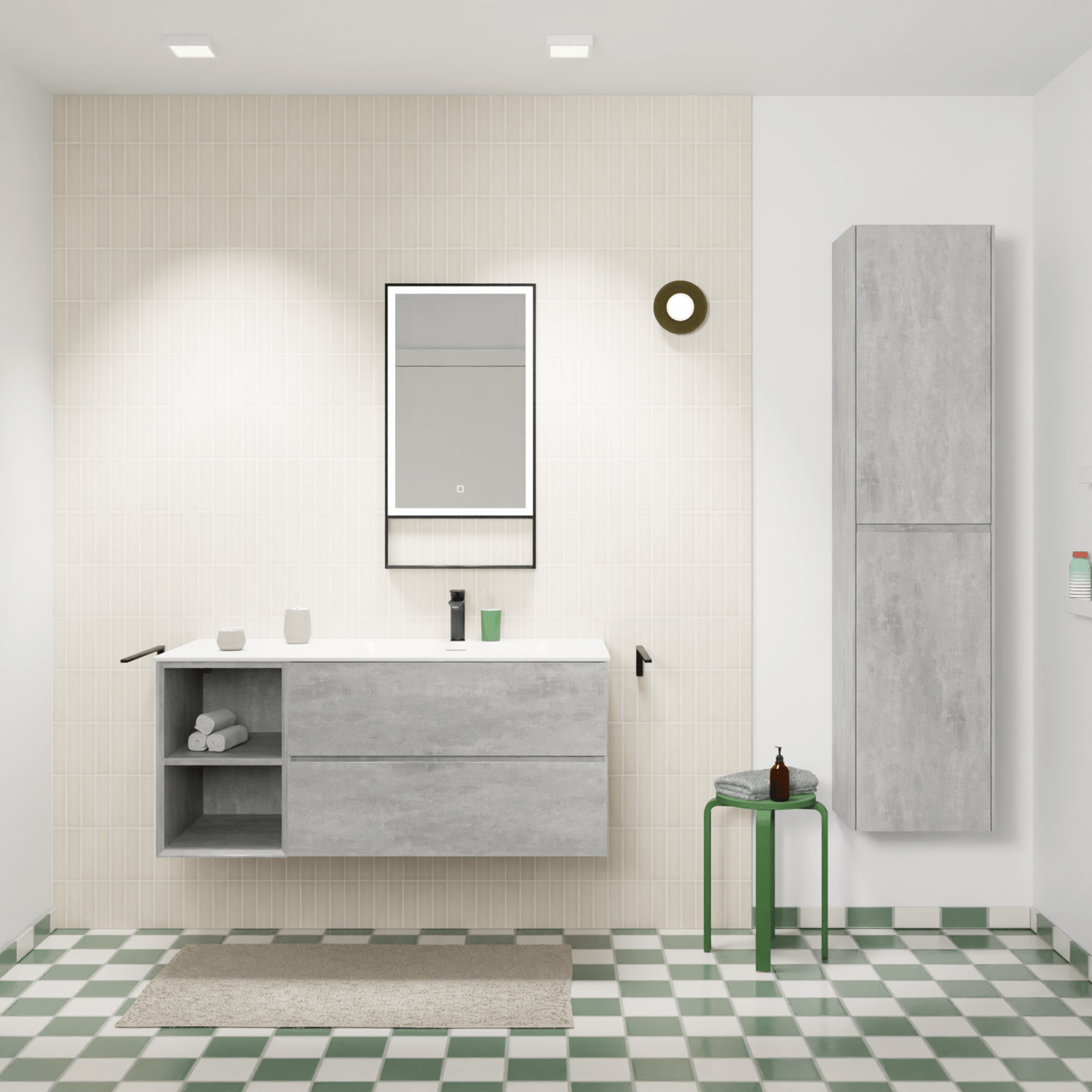 Storke Edge zwevend badmeubel 120 x 52 cm beton donkergrijs met Mata asymmetrisch rechtse wastafel in solid surface mat wit