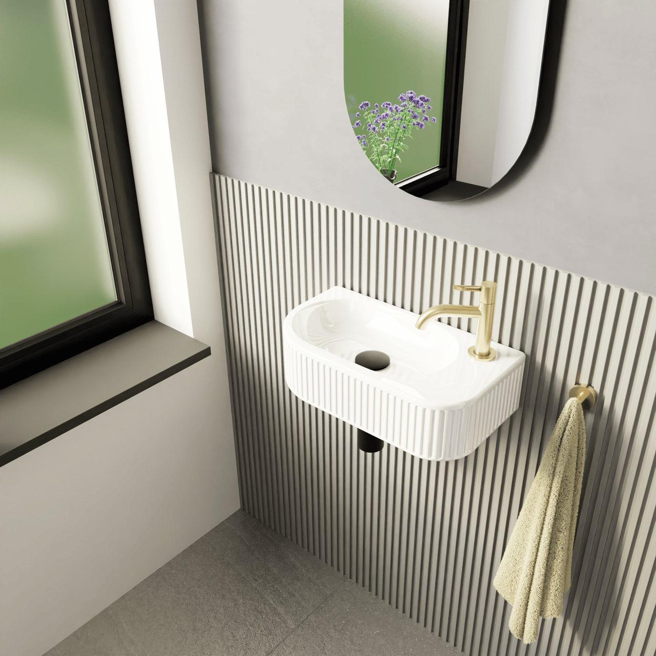 Luca Varess Rondo Ribs fonteintje 41 x 22 cm Glanzend Witte porselein