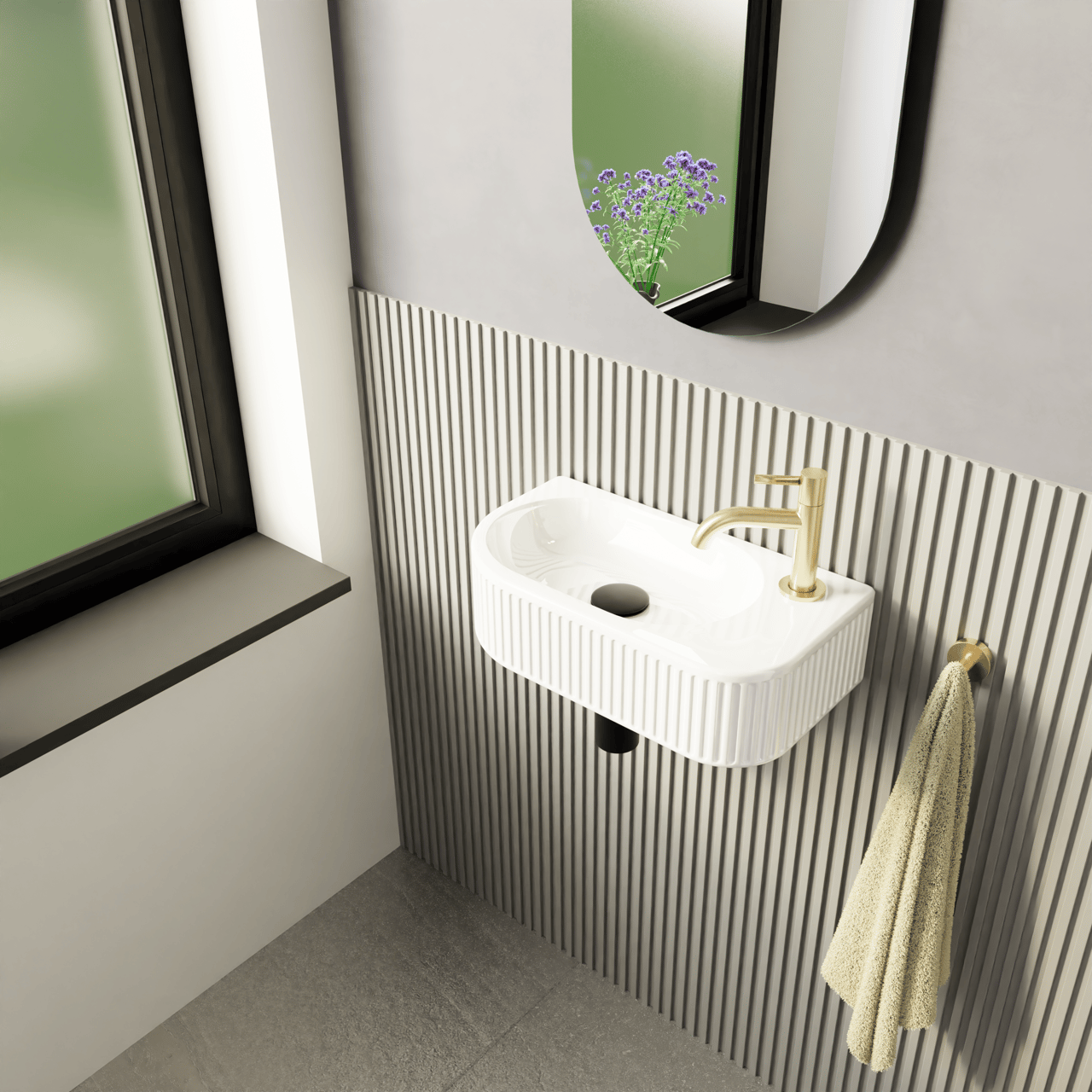 Luca Varess Rondo Ribs fonteintje 41 x 22 cm Glanzend Witte porselein