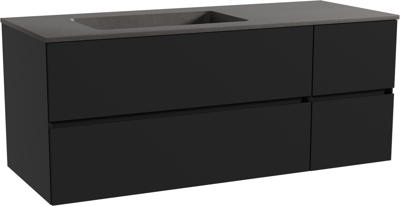 Storke Edge hängendes Möbelstück Set: 130 x 52 cm, Schwarz matt, mit Scuro Waschtisch links, Quarz Schwarz matt