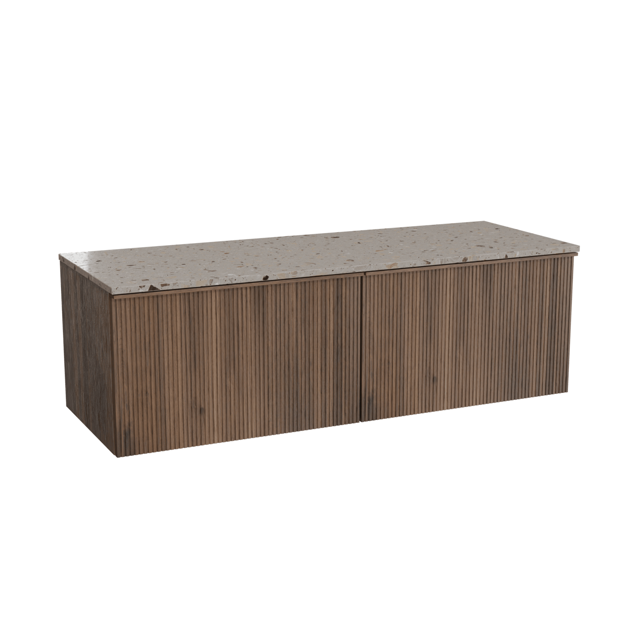 Balmani Forma meuble salle de bains suspendu 150 x 55 cm noyer américain avec Stretto tablette simple ou double en terrazzo greige terrazzo, Nervure droite symétrique verticale