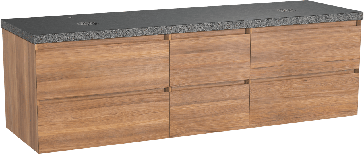 Balmani Mitra zwevend badmeubel 180 x 55 cm teakhout met Rock dubbel wastafelblad in zwart graniet