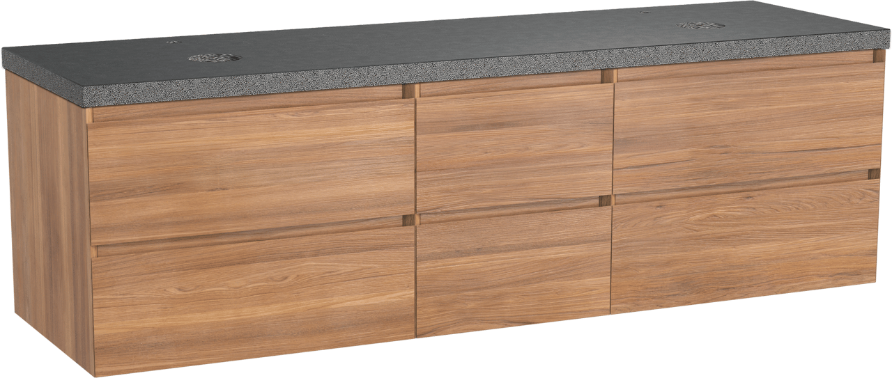 Balmani Mitra zwevend badkamermeubel 180 x 55 cm teak met Rock dubbel tablet in graniet zwart