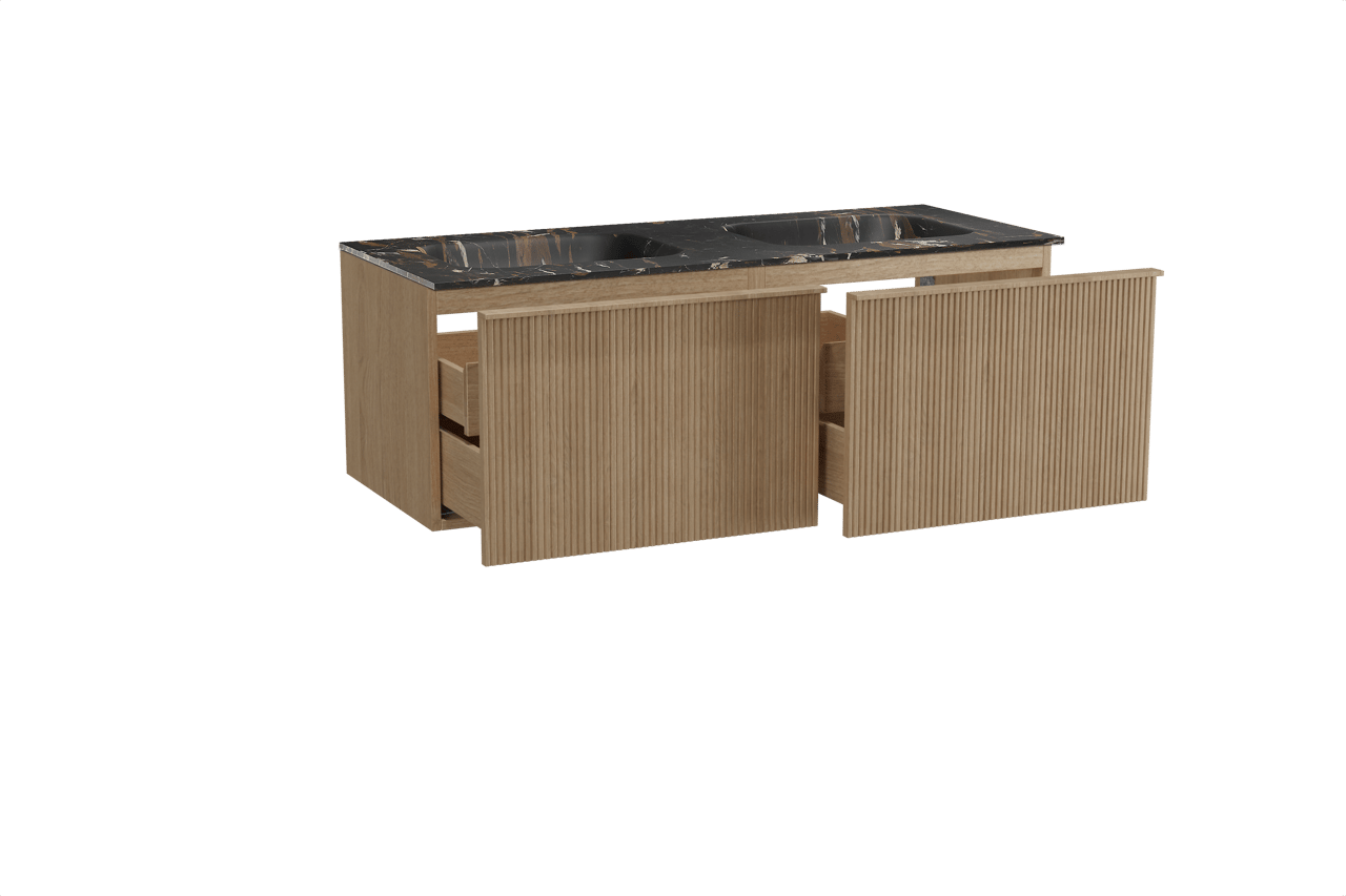 Balmani Forma zwevend badkamermeubel 135 x 55 cm natuur eik met Tablo Arcato dubbele wastafel in marmer portoro gold, Verticale symmetrische rechte ribbel